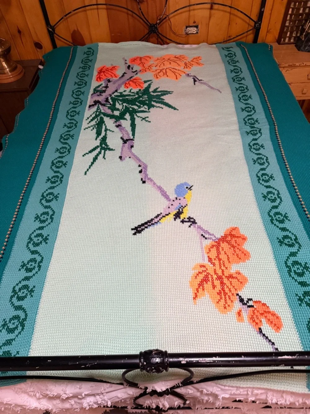 Vintage Large Bird Blanket - Handmade Needlepoint Songbird on Tree - Petit Point
